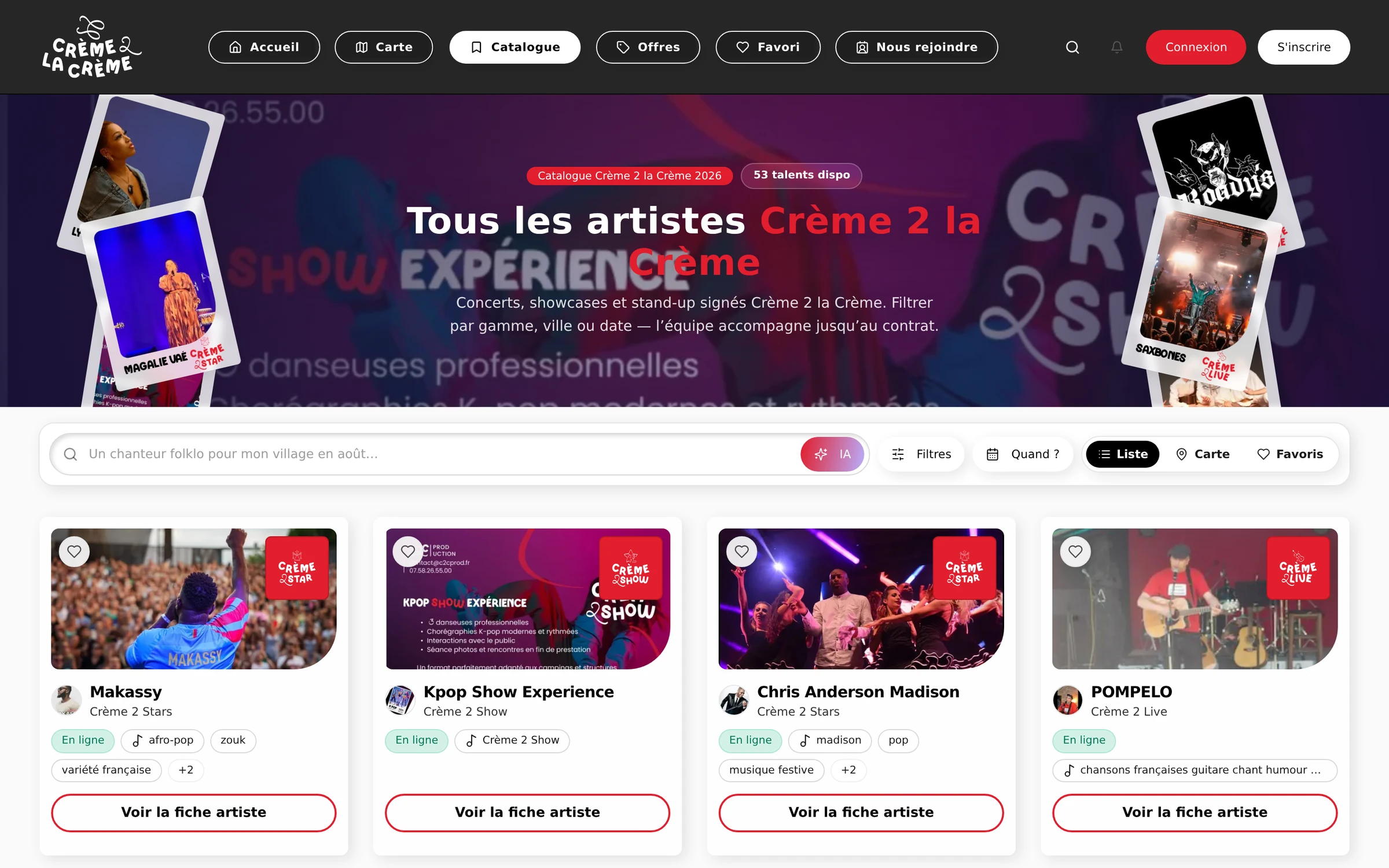 Catalogue de Crème 2 la Crème : tous les artistes, avec recherche, filtres et fiches